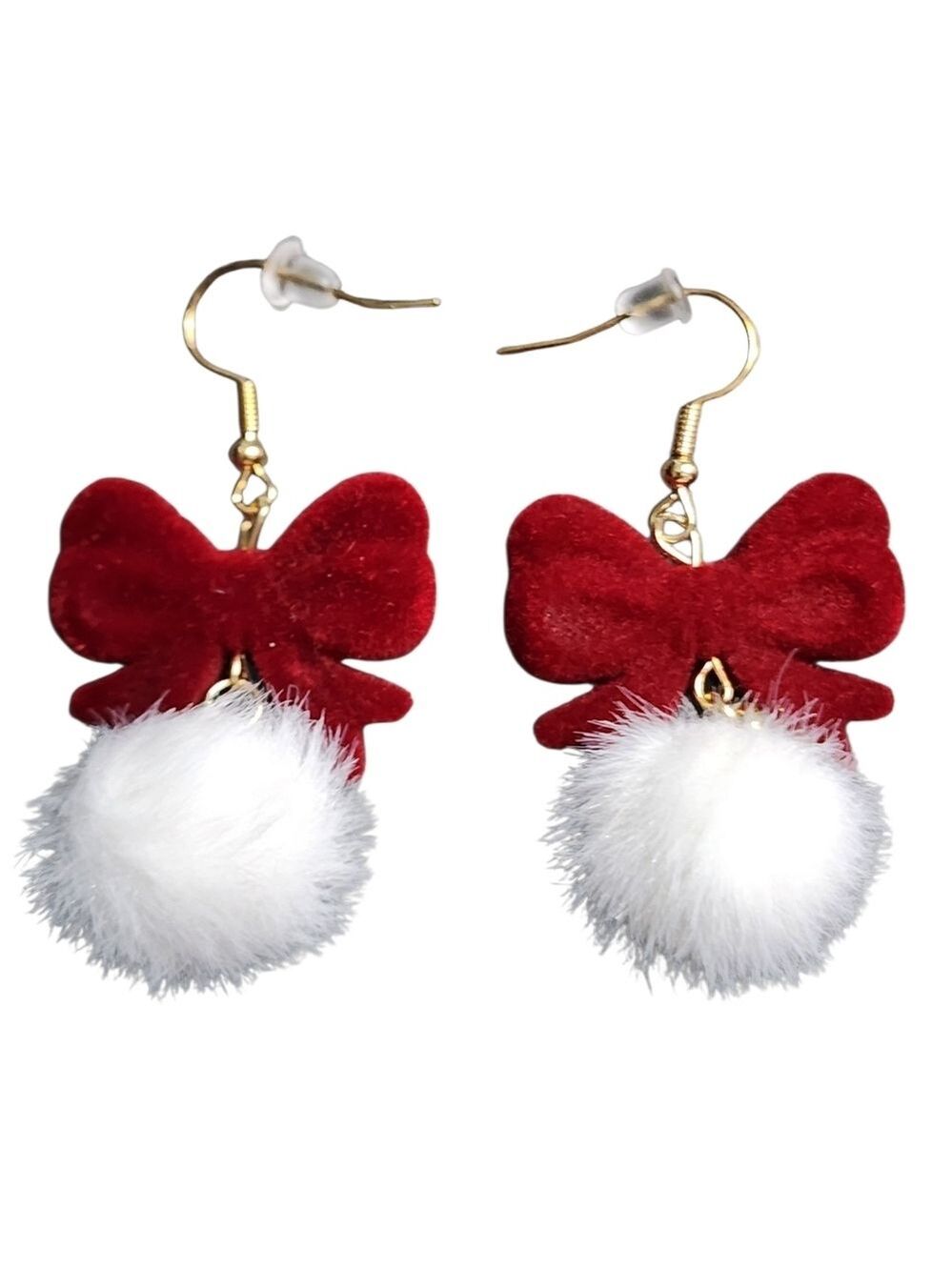 Red Bow Earrings with White Pom Poms